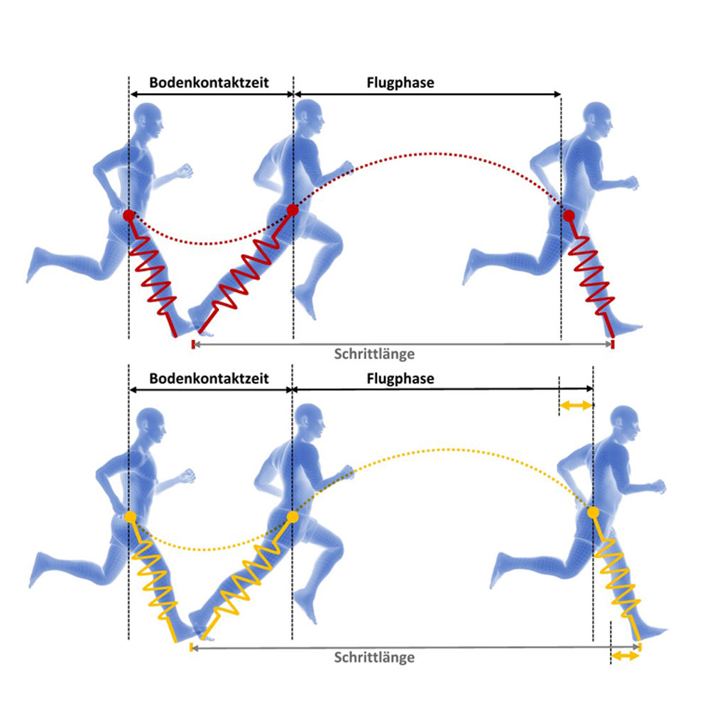 Laufabfolge mit Darstellung 13 Prozent mehr Flugpahse im Vergleich mit herkömmlichen Laufschuhen